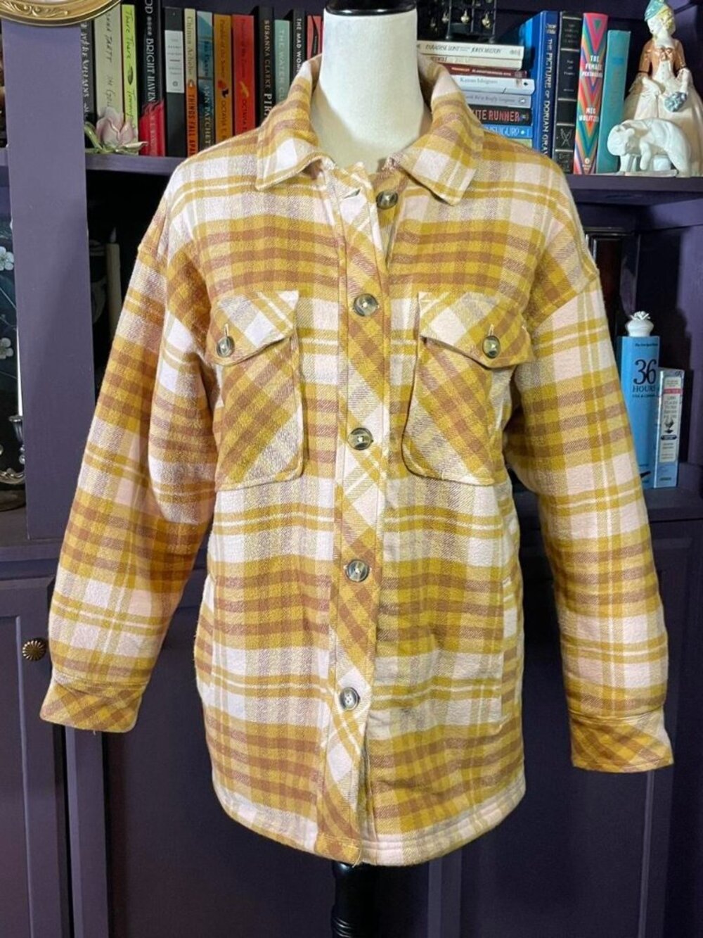 Yellow plaid button-up oversized shacket with Sherpa lining